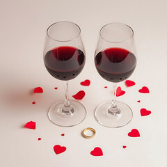 Two wine glasses with scattered hearts and ring
