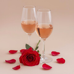 Two wine glasses with rose petals