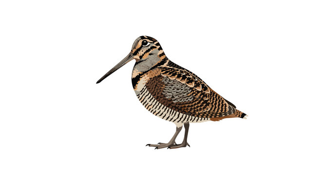 Detailed realistic illustration of a common snipe, a small wading bird with a long slender bill and cryptic brown and buff plumage.