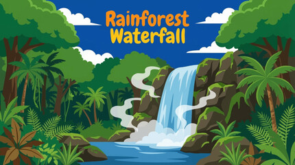 rainforest waterfall drops through thick vegetation cartoon, emphasizing layered foliage, moisture rich air, and dense tropical biodiversity © Evan