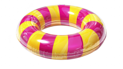 Vibrant pink and yellow striped inflatable swimming ring isolated on transparent background