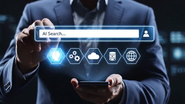 A businessman interacts with a holographic interface displaying ai search and various digital icons representing modern technological advancements and data analysis
