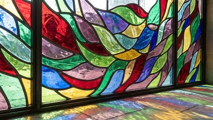 Vibrant stained glass window with colorful abstract wavy patterns casting colorful light reflections.