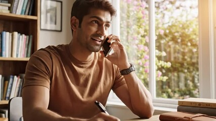 Focused man making notes while on phone call in a bright home office working on his laptop
