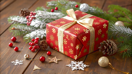 wrapped red gift box amidst ornaments and evergreen foliage background