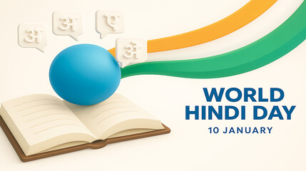 World Hindi Day Concept Art Open Book, Hindi Script, and Global Theme