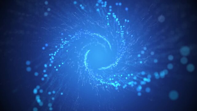 Abstract Blue Particle Vortex Tunnel Background, Futuristic Swirling Digital Dots and Spiral Energy Motion Loop.
