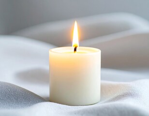 A single, perfectly lit white birthday candle flickers with a steady, warm flame on a draped fabric surface, evoking celebration and hope.
