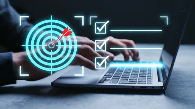 A person uses a laptop with a glowing target and checklist overlay symbolizing achievement focus and successful completion of tasks in a digital environment