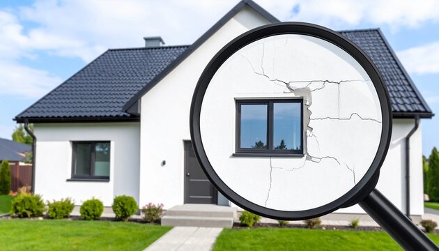 Magnifying glass reveals cracks in the stucco facade of a modern house, highlighting potential structural issues or damage needing repair and inspection by a professional