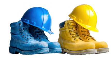 Blue and yellow work boots with hard hats on white background isolated on transparent background