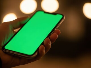 Closeup of a hand holding a smartphone with a green screen in a blurred background