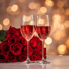Romantic evening with wine and roses