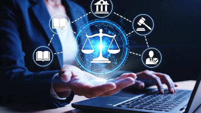 A businesswoman interacting with a glowing digital representation of scales of justice above a laptop symbolizing legal tech and digital law