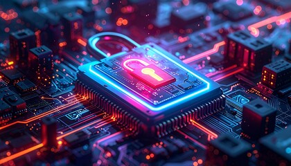 Cybersecurity Concept - Glowing Padlock on a Computer Circuit Board, Data Protection.