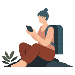female traveler with backpack sitting on rock using smartphone