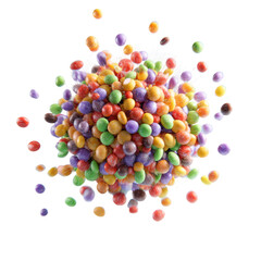 Scattered, colorful candies in a pile, some flying off in a blurry motion