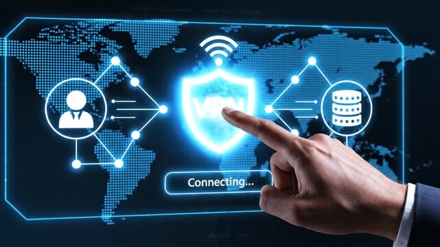 A visual representation of a virtual private network showcasing global connectivity user privacy and data security concepts with a hand interacting with the interface