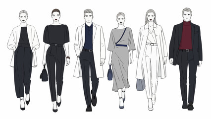 Fashionable people walking on a runway in stylish outfits.