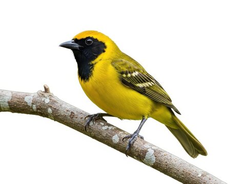 Yellow and black bird perched on a branch isolated on white background