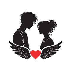Stylized black silhouette of a romantic young couple, a man and a woman, with graceful angel wings embracing a vibrant red heart, symbolizing profound love and harmonious unity