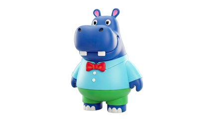 Cartoon Blue Hippopotamus Toy Wearing a Shirt and Bow Tie