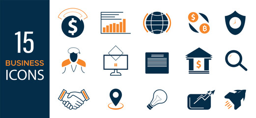 Dynamic business and finance icon set for analytics, global trade, and digital solutions