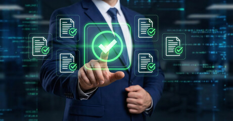 Digital checklist and approval workflow showing business document validation and task tracking system for decision making, process optimization, and quality verification with high efficiency