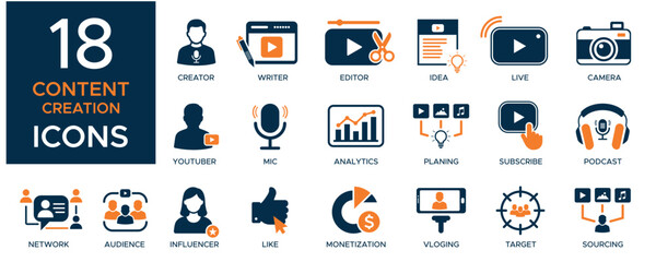 Content creation and digital marketing icon set for creator analytics and monetization