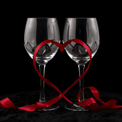 Two wine glasses with heart shaped ribbon