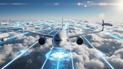 A futuristic airplane flying above clouds with digital connections, showcasing advanced travel technology - Powered by Adobe