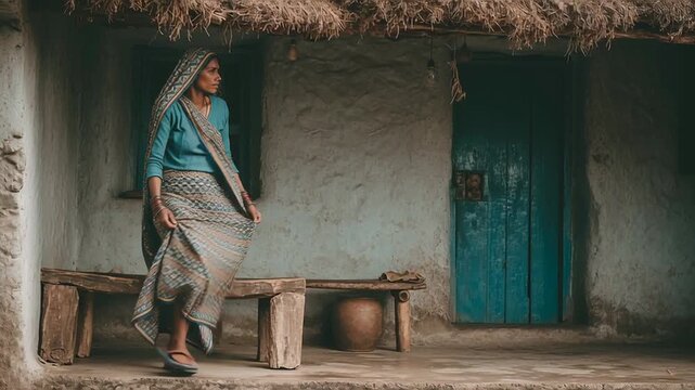 Indian woman sitting outside a modest rural home, peaceful village environment, natural textures, muted colors, lifestyle storytelling