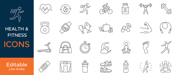 Health and fitness line icons set for wellness and exercise apps, editable outline vector symbols