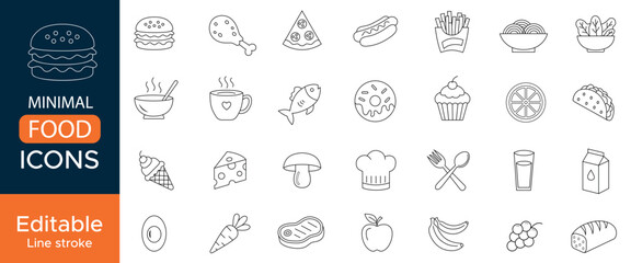 Minimal food line icons set for restaurant and menu design, editable outline vector symbols
