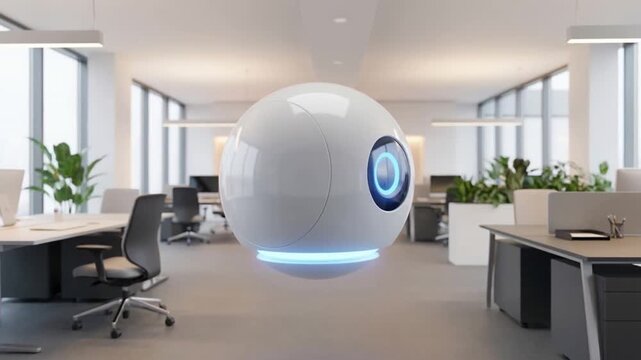 Futuristic floating orb robotic robot modern office sleek white sphere with blue light accents ambient calm atmosphere conveying serene high tech
