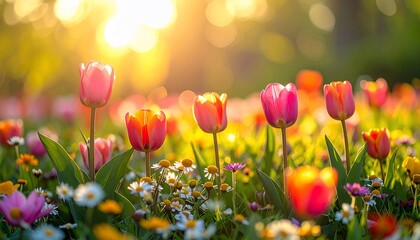Vibrant field of tulips and daisies glows under a warm, sunlit spring sky
