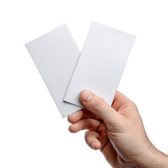 Hand holding two blank business cards isolated on transparent background