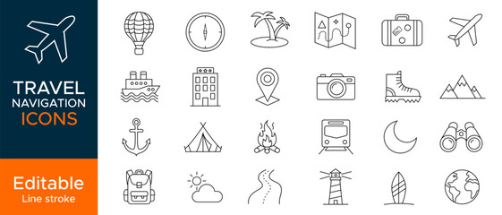 Travel and navigation line icons set for maps and mobile apps, outline vector symbols with editable stroke