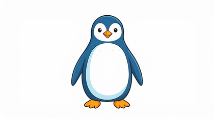 Obraz premium Cute cartoon penguin standing upright with blue and white feathers, isolated on white background.