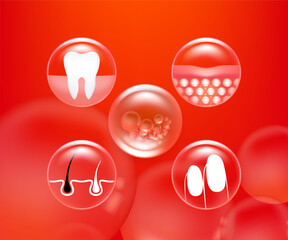 Hyaluronic acid hair teeth nails skin solutions ad, red collagen serum drop with cosmetic advertising background ready to use, illustration vector.