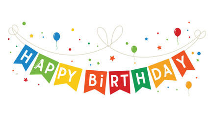 Colorful festive banner displaying happy birthday lettering strung with floating balloons and stars for celebration