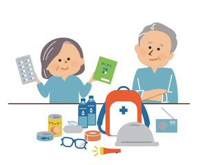 防災　防災用品を考えるシニア夫婦のイラスト