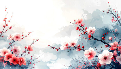 静かな早春に咲く梅の花,水墨・水彩調,和風アート背景,　AI生成画像