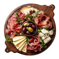 Gourmet charcuterie board with assorted cheeses and olives isolated on transparent background