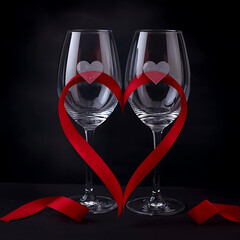 Romantic wine glasses with heart design