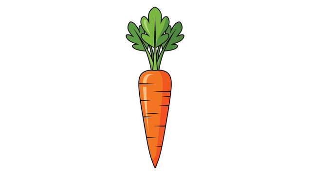 Brightly colored cartoon illustration of a single vibrant orange carrot featuring a healthy green leafy top representing fresh produce and vegetable goodness.