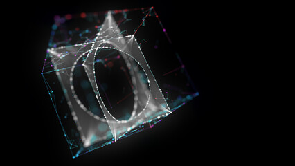 Abstract big data 3D digital cube algorithmic with holes grid inside. Quantum computing concept on dark background. Artificial intelligence design.Blockchain grid box сoncept.