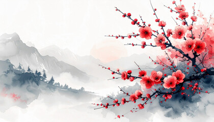 静かな早春に咲く梅の花,水墨・水彩調,和風アート背景,　AI生成画像