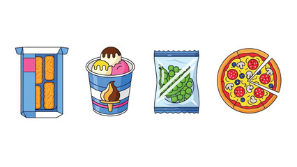 Collection of stylized vector illustrations showcasing various popular frozen and convenience food items including savory snacks ice cream and frozen vegetables for quick meals
