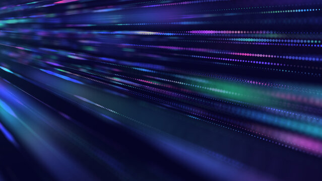 Abstract futuristic multicolor points streaks lines from on a dark cyberspace. Concept for motion, speed and technology.